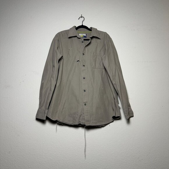 Magellan Button Up Khaki Shirt Collared Distress Design Ripped Men L Streetwear - Picture 1 of 16